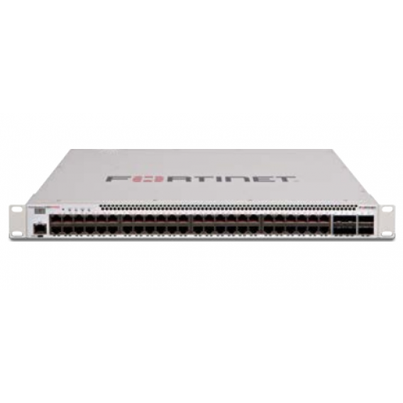 Layer 2/3 FortiGate switch controller compatible PoE+ switch with 48 x GE RJ45 ports, 4 x 10 GE SFP+ and 2 x 40 GE QSFP+, with automatic Max 750W POE output limit