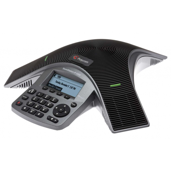 SoundStation IP 5000 conference phone with factory disabled media encryption. 802.3af Power over Ethernet. Includes 7.6 meter Ethernet cable.